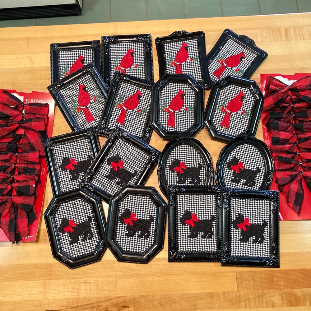 Lot of Cardinal & Scottie Dog Embroidered Framed Christmas Ornaments